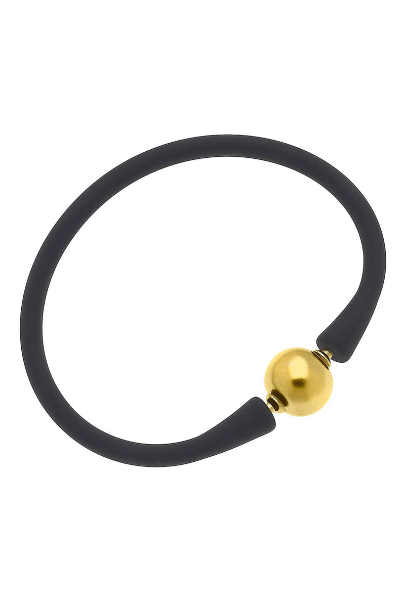 Bali 24K Gold Plated Ball Bead Silicone Bracelet in Black