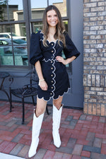 Scalloped Detail Black Button Up Dress