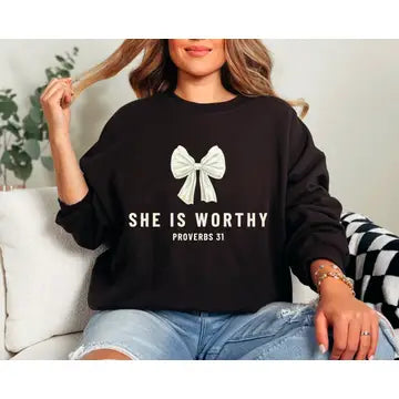 She Is Worthy Coquette Bow Sweatshirt Faith Christian