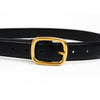 leather belt with a gold square buckle, perfect for casual and dressy outfits. Durable, stylish, and adjustable for a custom fit.