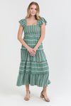 sage green tiered midi dress with flutter sleeves