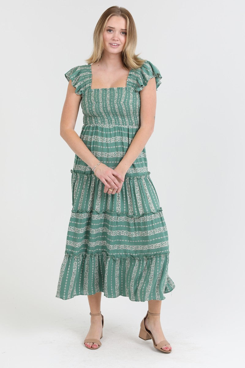 sage green tiered midi dress with flutter sleeves