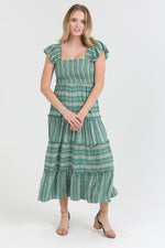 sage green tiered midi dress with flutter sleeves