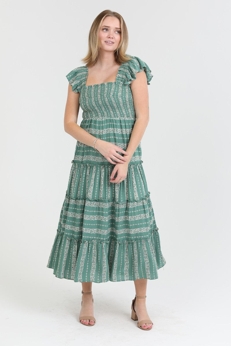 sage green tiered midi dress with flutter sleeves