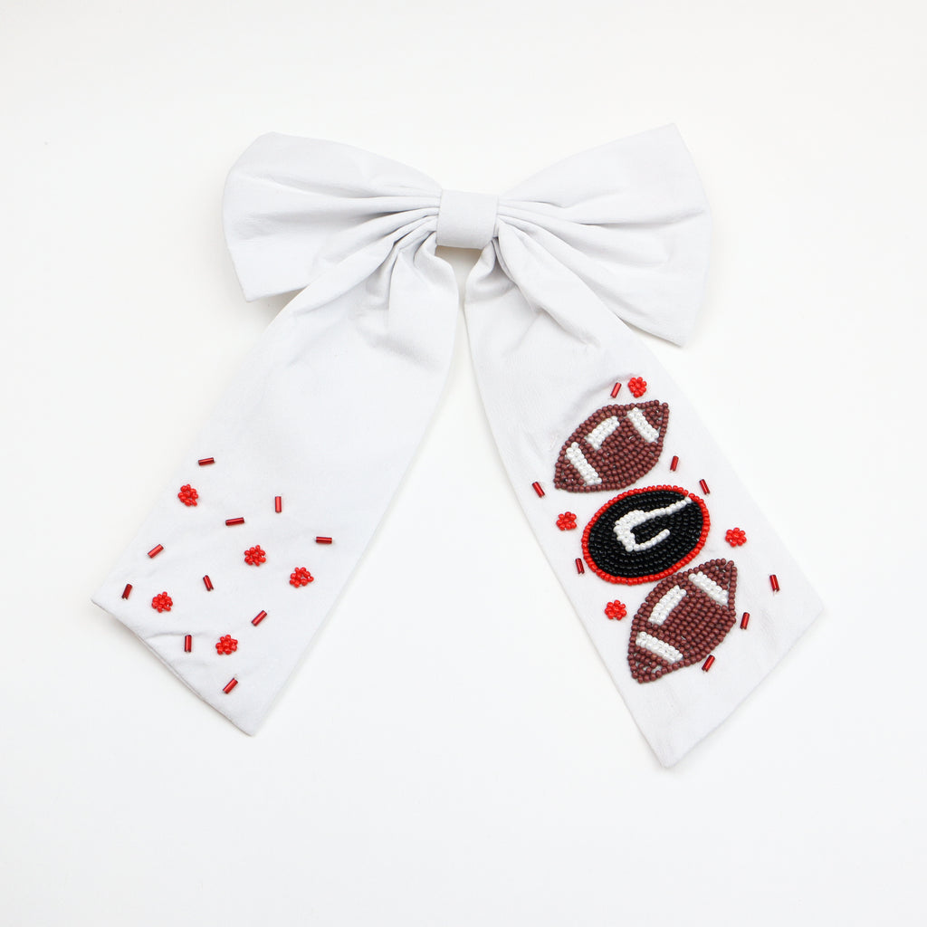 Go Team Bow - Oversized collegiate-style bow in Georgia bulldogs script team colors, perfect for game days, tailgates, and spirited outfits. Features a sturdy alligator clip for secure wear.