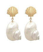 22K gold-plated seashell earrings with pearlized conch drop. Elegant coastal-inspired jewelry.