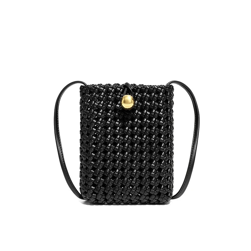 woven handbag with gold ball closure