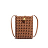 woven handbag with gold ball closure