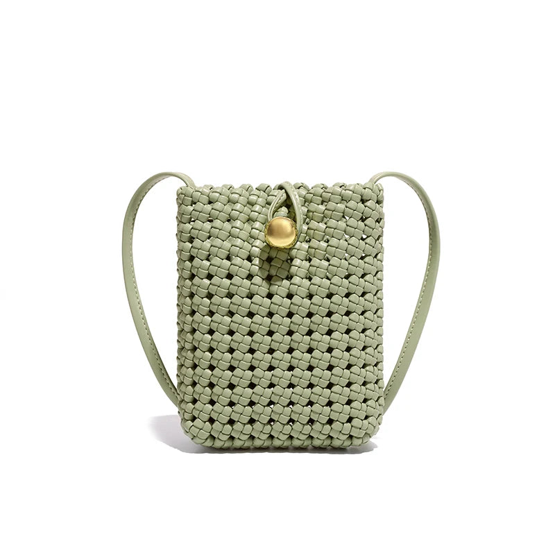 woven handbag with gold ball closure