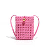 woven handbag with gold ball closure