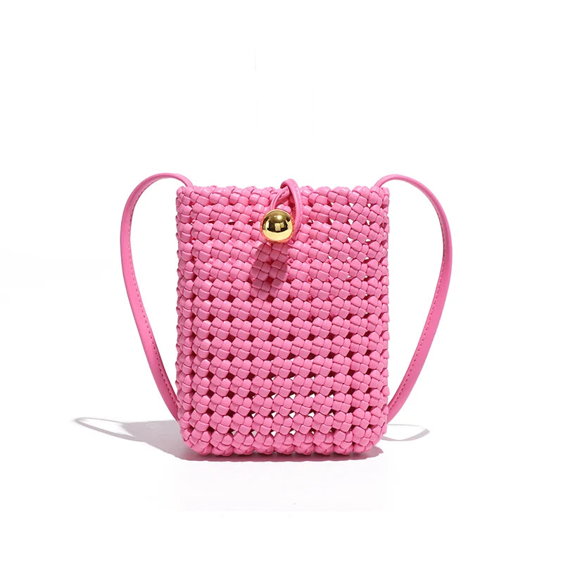 woven handbag with gold ball closure