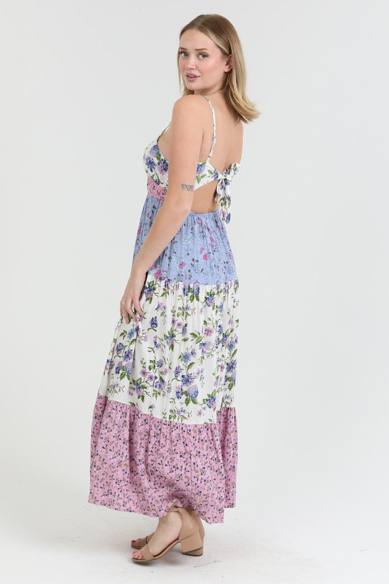 Meadow Bliss Maxi dress, featuring a tie-back and delicate floral prints