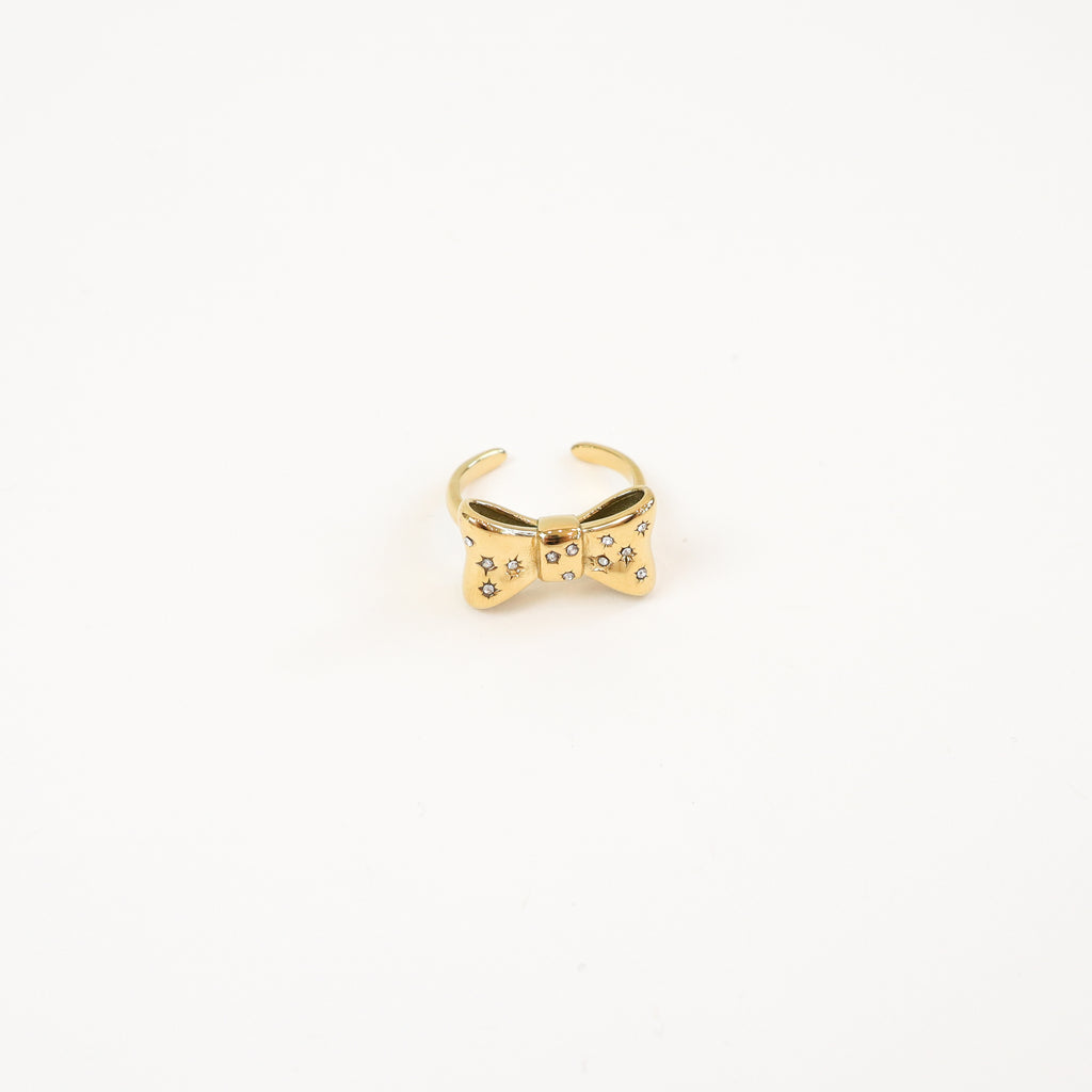 Elegant Pavé Bow Ring with gold-plated finish and sparkling cubic zirconia accents, featuring a delicate and feminine bow design, perfect for any occasion