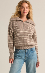 Villa Half Zip Stripe Sweater - Heather Taupe