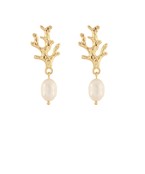 Gold coral-shaped drop earrings with pearl accents, inspired by oceanic beauty and coastal elegance.