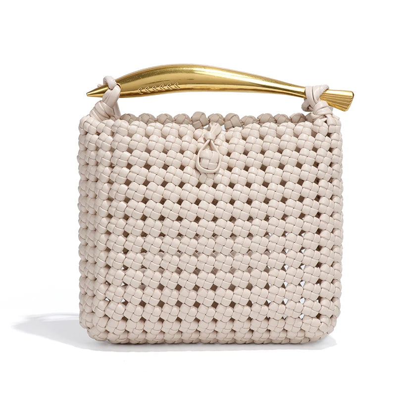 Willow Woven Handbag with gold handle, stylish woven pattern