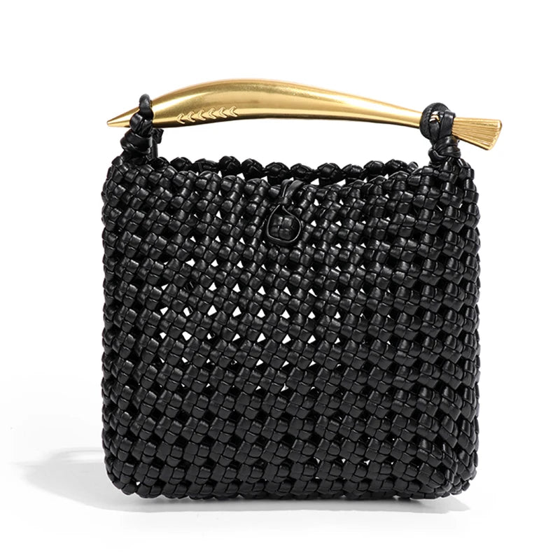 Willow Woven Handbag with gold handle, stylish woven pattern